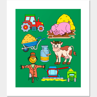 Farm Design Tractor Cow Pig Friendly Scarecrow Posters and Art